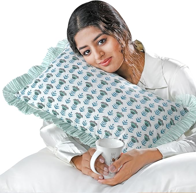 Ridhi Aquamarine Blue 100% Cotton Block Print Ruffle Lumbar Sham Cover Handmade by Ridhi