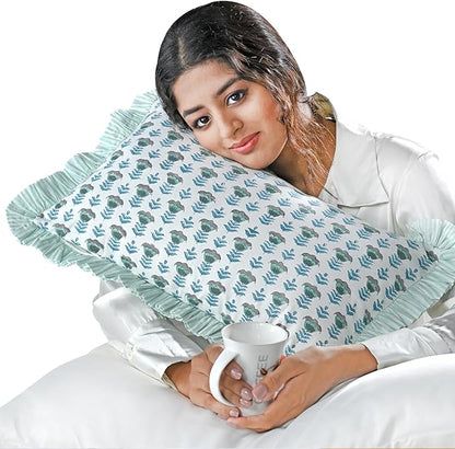 Ridhi Aquamarine Blue 100% Cotton Block Print Ruffle Lumbar Sham Cover Handmade by Ridhi