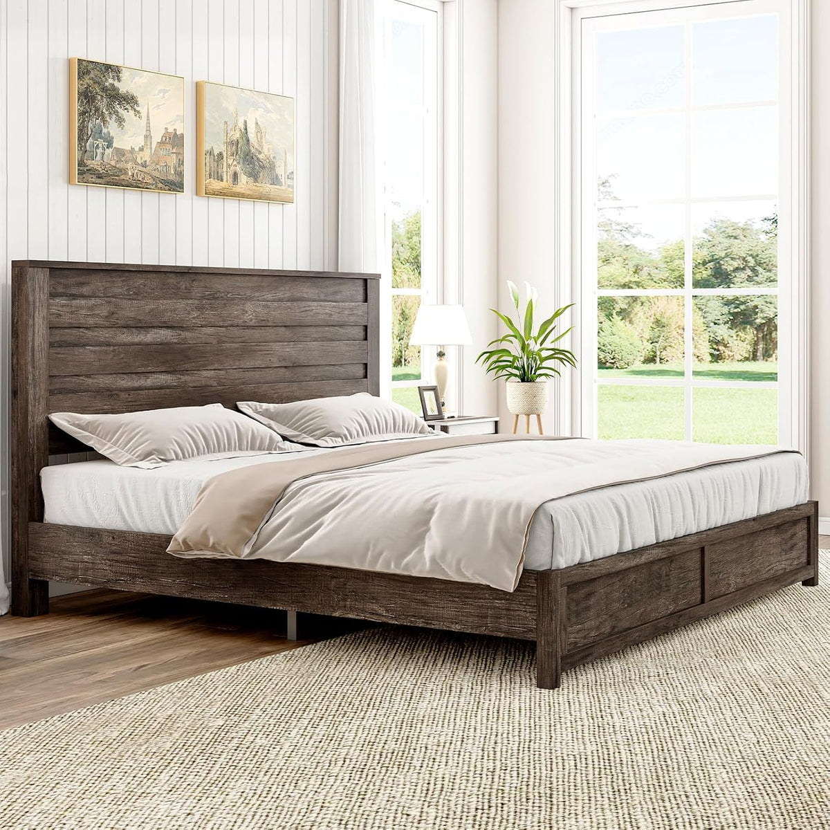 luxoak king farmhouse bed frame with 49" tall on a desk or shelf