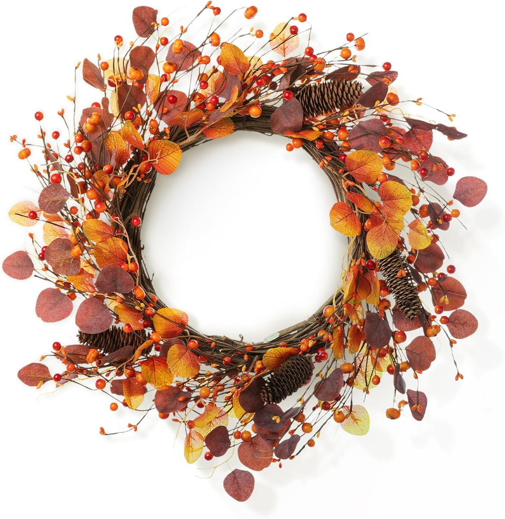 Glitzhome 22" D Fall Eucalyptus Berry Wreath, Artificial Wreaths Rustic ...