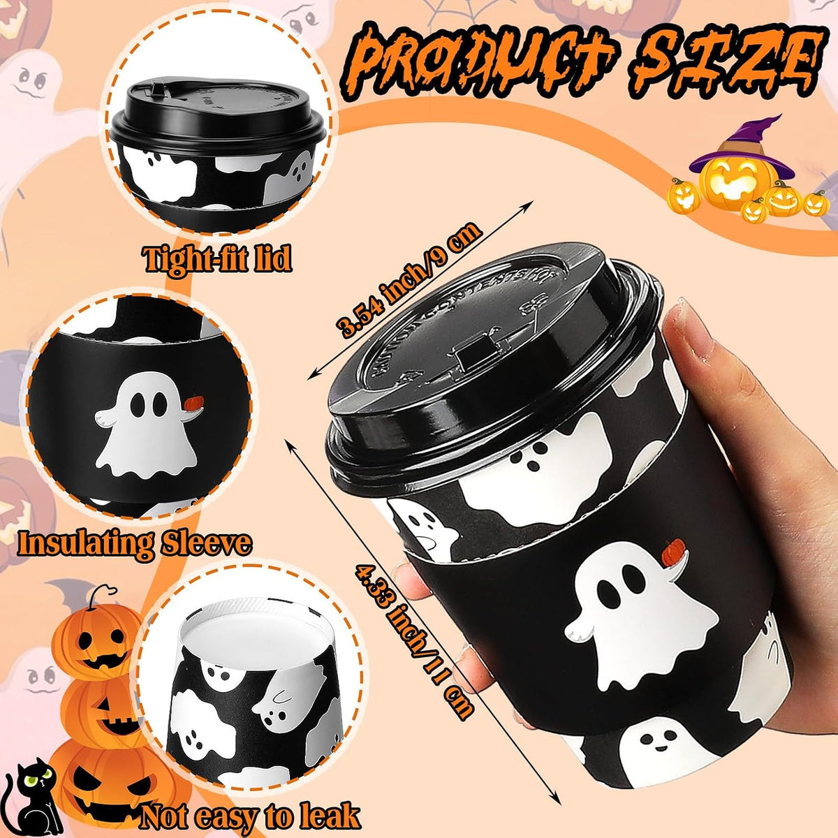 Suclain 100 Sets Halloween Disposable Coffee Cups with Lids & Sleeves, 12 oz Ghost Pumpkin Cat Pattern Paper Cups for Hot Cold Drinks Trick or Treat Party Supplies