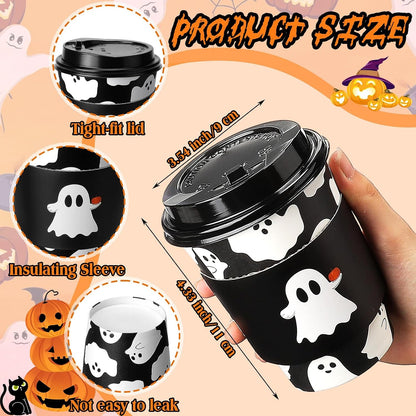 Suclain 100 Sets Halloween Disposable Coffee Cups with Lids & Sleeves, 12 oz Ghost Pumpkin Cat Pattern Paper Cups for Hot Cold Drinks Trick or Treat Party Supplies