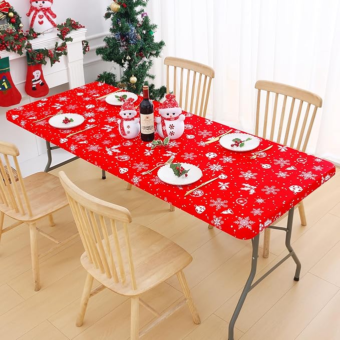 Smiry Plastic Christmas Tablecloth, Snowflake Wipeable Flannel Backed Vinyl - Image 8