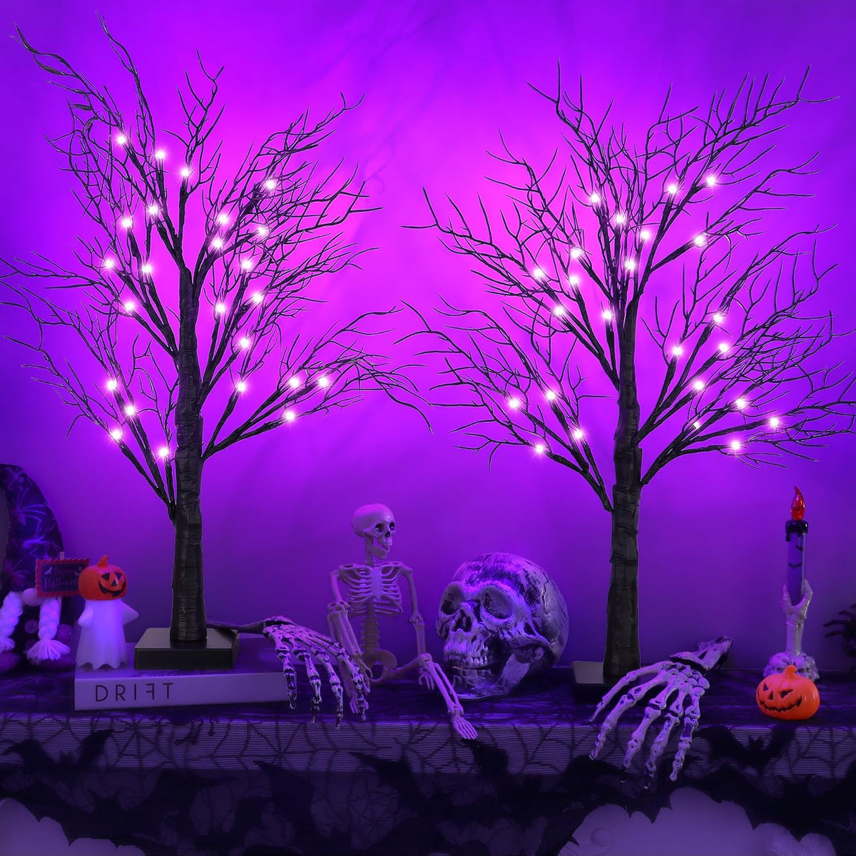Halloween Decorations Indoor 2 Pack 24 Inch Black Spooky Tree with 48 Purple Led Lights, Timer/USB/Battery Operated Lighted Tabletop Tree Halloween Table Decor for Home Office Holiday Party