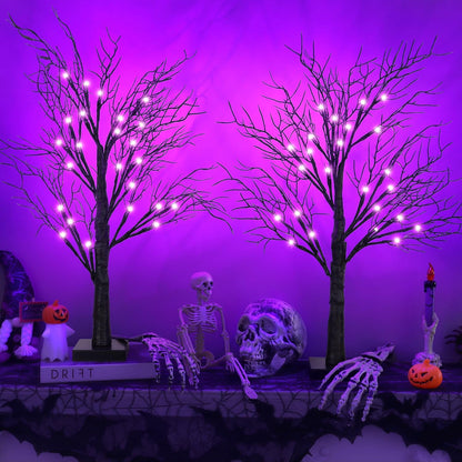 Halloween Decorations Indoor 2 Pack 24 Inch Black Spooky Tree with 48 Purple Led Lights, Timer/USB/Battery Operated Lighted Tabletop Tree Halloween Table Decor for Home Office Holiday Party