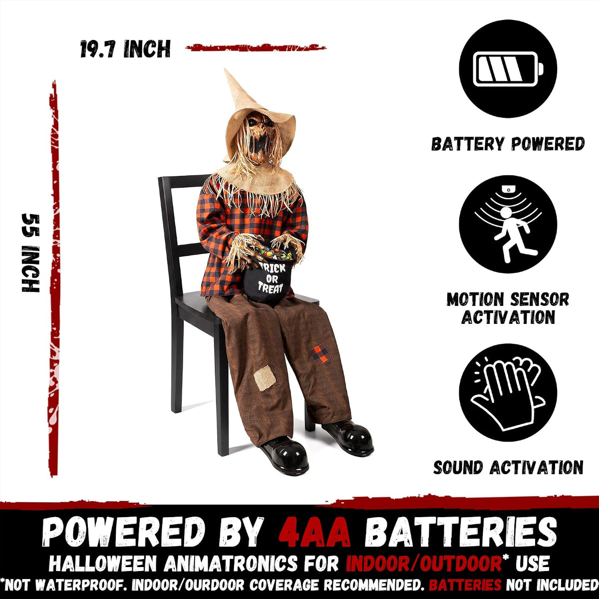 Halloween Animatronics Decorations Scary Sitting Scarecrow with Candy Bag, 55'' Animated Jumpscare Halloween Props with Sound & Motion Activated, Lighted Eyes, Creepy Sound for Haunted House Outdoor