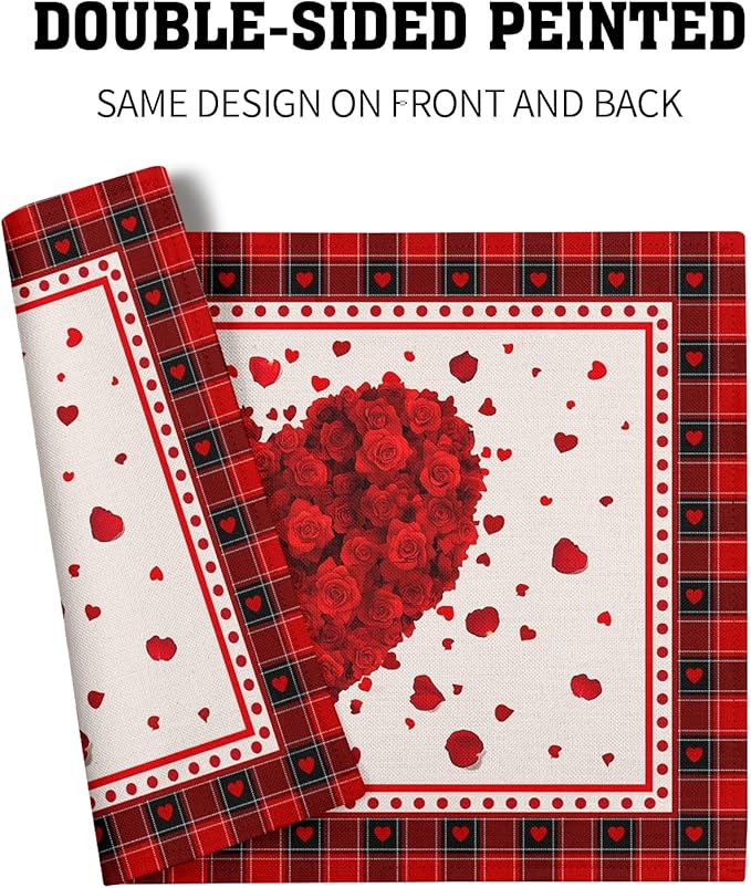 Giwawa 4PCs Valentines Day Placemats 12x18 Inch Love Hearts Rose Flower Place - Image 5