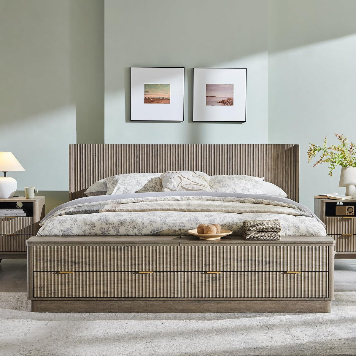 t4tream fluted king bed with headboard and storage, close-up detail