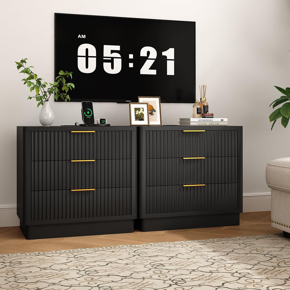 ELYKEN 24'' Black Nightstand with 3 Drawers & Outlet, Fluted End ...