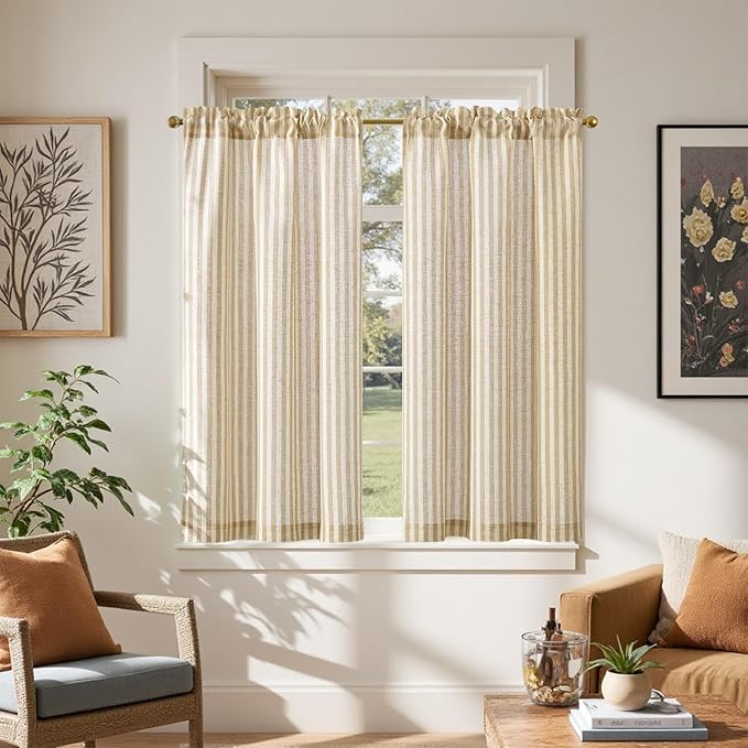 jinchan Striped Linen Kitchen Curtains 45 Inches Length Tier Curtains Farmhouse by JINCHAN