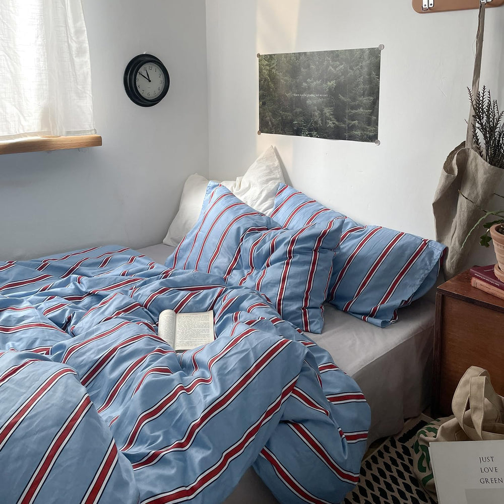mixinni Vintage Striped Blue Duvet Cover Full - 100% Cotton Red Stripes 3-Pie...