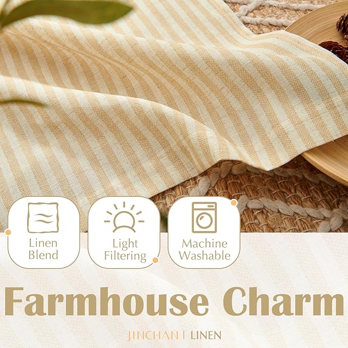 jinchan Striped Linen Kitchen Curtains 45 Inches Length Tier Curtains Farmhouse - Image 8