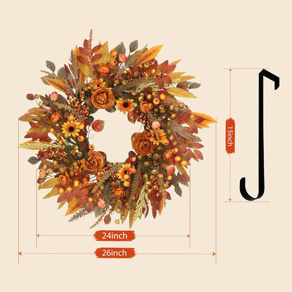 Fall Wreath for Front Door 26 Inch, Autumn Harvest Wreath Sunflowers Roses Acorns Berries, Thanksgiving Halloween Farmhouse Rustic Grapevine Twig Decor
