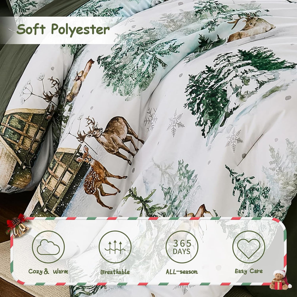 Green Comforter Set 7 Piece Queen Size, Christmas Bedding Set Festive