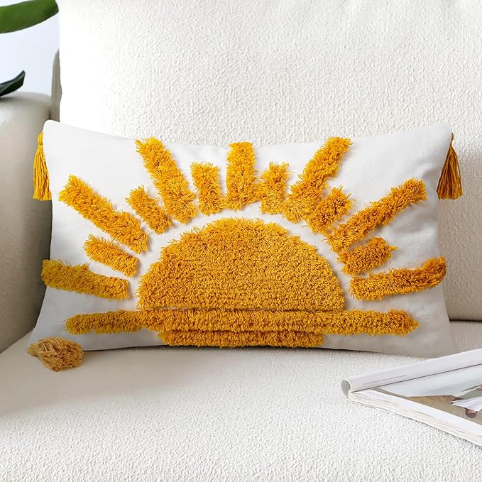 Adabana Boho Decorative Throw Pillow Covers 12x20 Tufted Yellow Sun Sunshine by Adabana