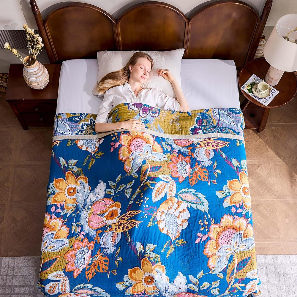XIBLC Boho Throw Blanket, Blue Lightweight Blankets for Summer, 100% Cotton B...