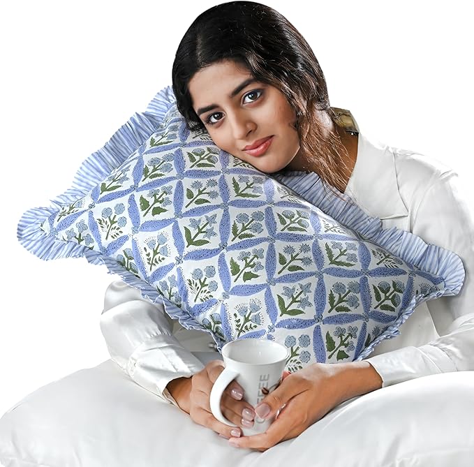 Ridhi Light Steel Blue 100% Cotton Block Print Ruffle Lumbar Sham Cover by Ridhi