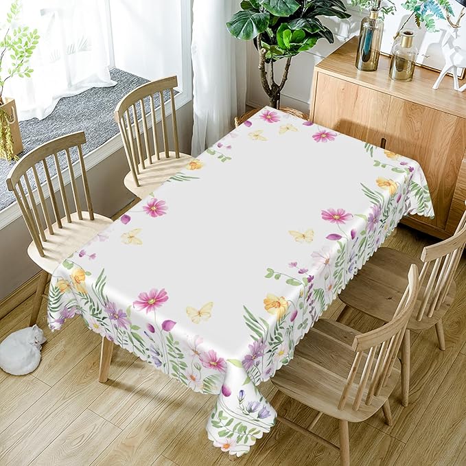 60x84inches Floral Rectangle Tablecloth Pink Wild Flowers Butterfly Botanical - Image 5