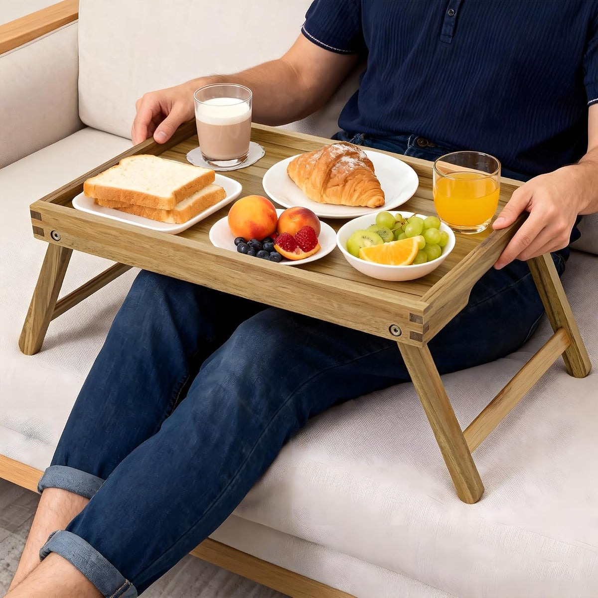 vaefae acacia bed tray table with folding legs, front angle view