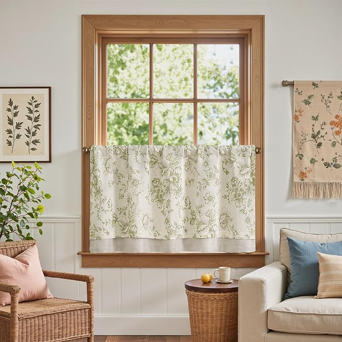 jinchan Linen Kitchen Curtain 24 Inch French Floral Double Layer Curtain - Image 2