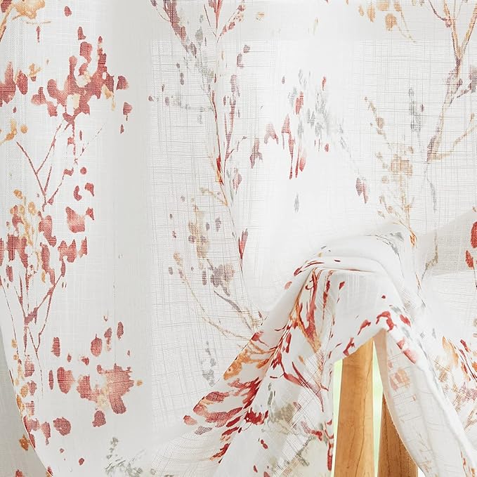 Treatmentex Tree Print Semi-Sheer Curtains 63inch Length White Red Orange - Image 8