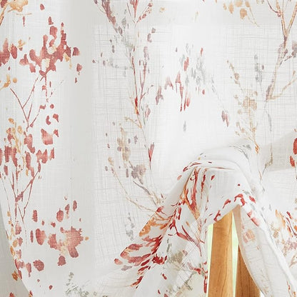 Treatmentex Tree Print Semi-Sheer Curtains 63inch Length White Red Orange - Image 8