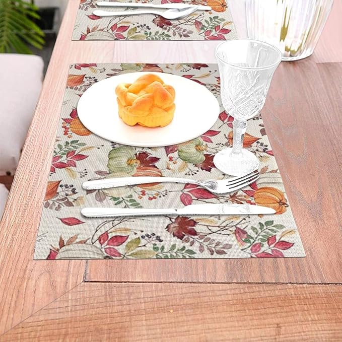 Fall Placemats Set of 4, Pumpkin Maple Leaf Flower Decorative Table Mat 12 x 18 - Image 6