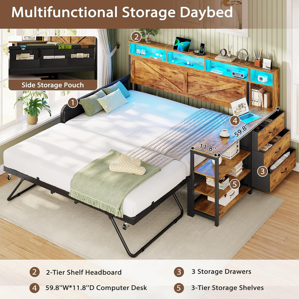 viagdo daybed with pop up trundle, farmhouse wooden, side view
