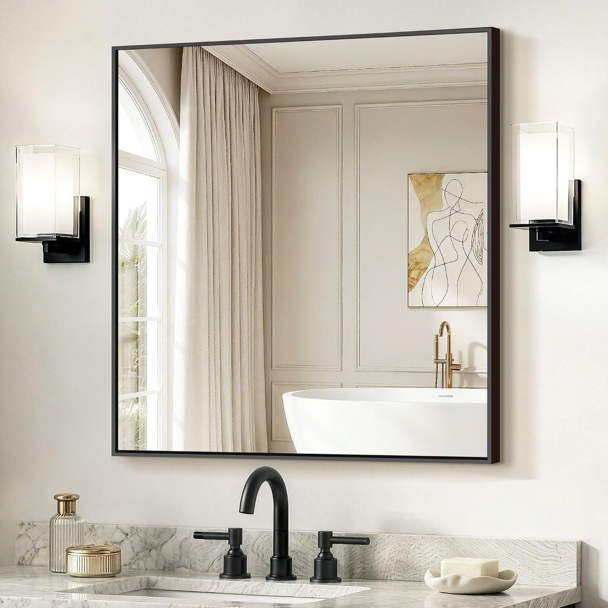 delma bathroom vanity mirror,30x30 black metal framed mirror, main product view