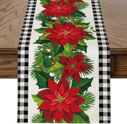 OTOSTAR Black and White Buffalo Check Plaid Holly Christmas Flowers Table Runner by OTOSTAR
