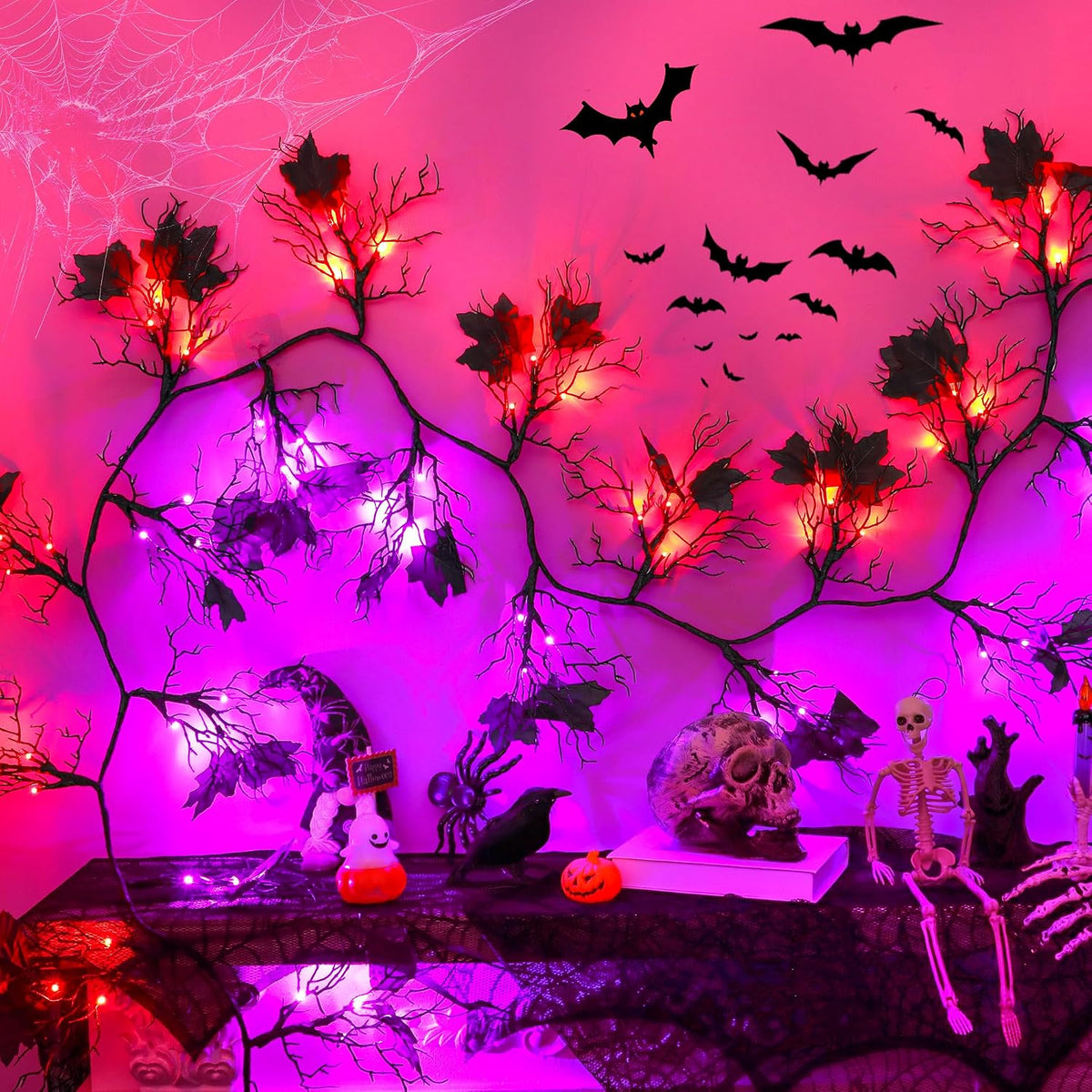 9 Ft 66 LED Willow Vine Twig Decor Black Halloween Garland with Orange Purple Lights, Timer 8 Modes Waterproof Battery Operated Indoor Halloween Decorations for Wall Fireplace Mantle Home Office Decor