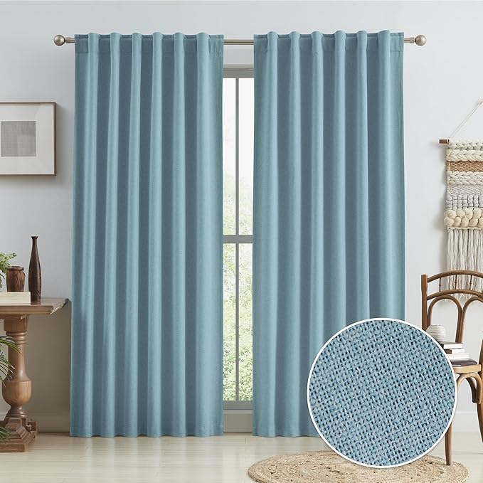 Dusty Blue 100% Blackout Curtain Blinds, Living Room Completely Shaded Draperies by KEQIAOSUOCAI