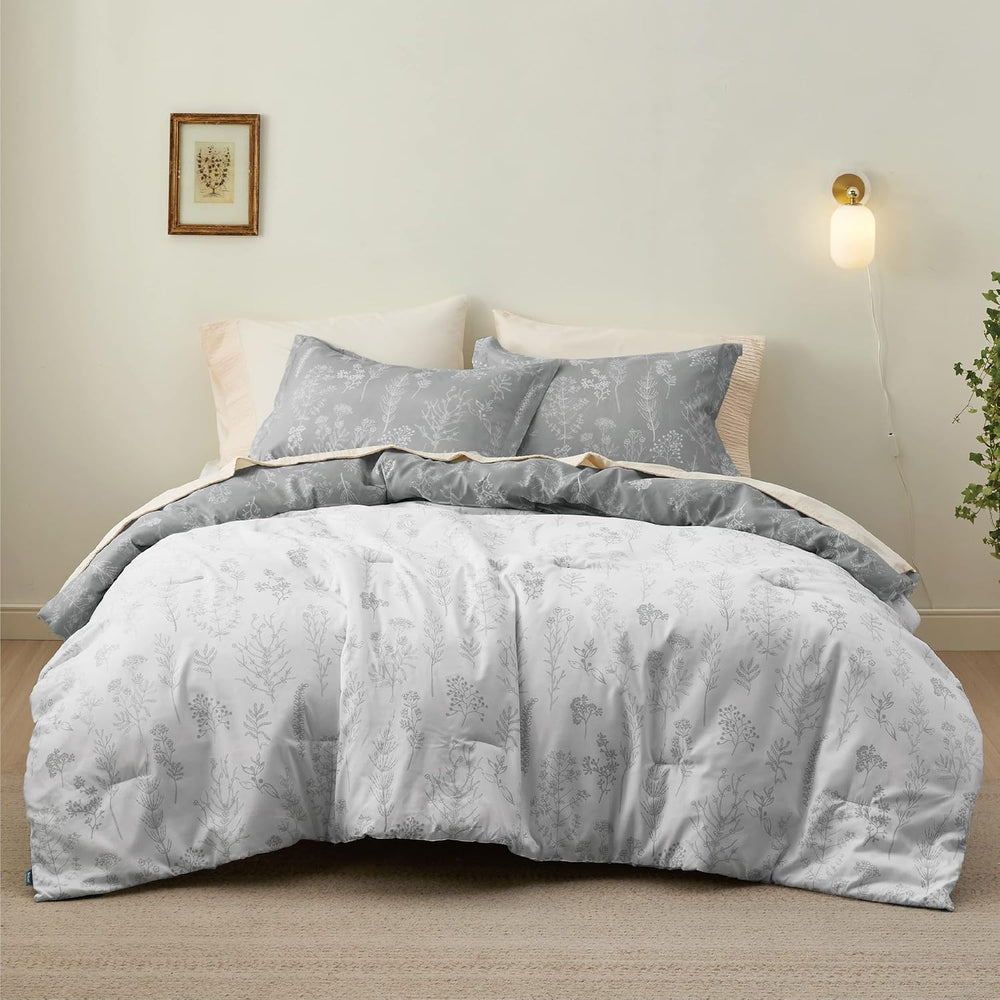 Bedsure Floral Comforter Set Cute Bedding Set Full Reversible Grey
