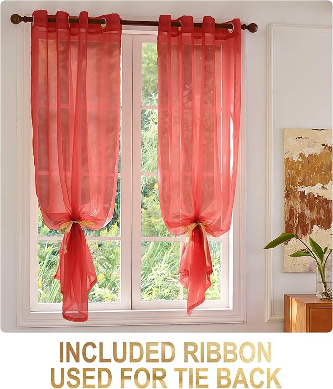 Foil Stripe Red Sheer Curtains 72 inches Length 2 Panels - Image 2