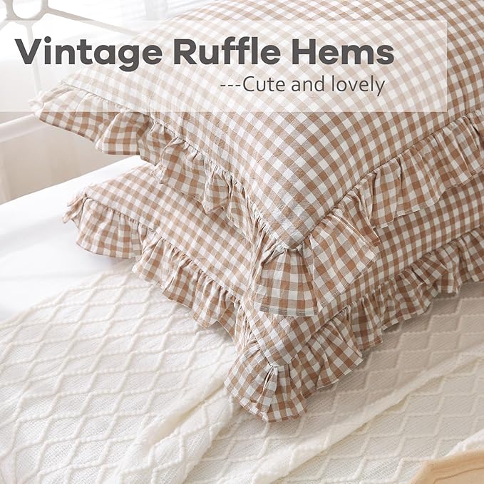 2 Pack Taupe White Plaid Ruffle Gingham King Size Pillow Shams, 100% Yarn-Dyed - Image 6