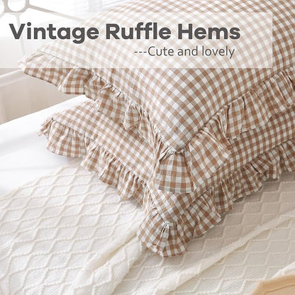 2 Pack Taupe White Plaid Ruffle Gingham King Size Pillow Shams, 100% Yarn-Dyed - Image 6