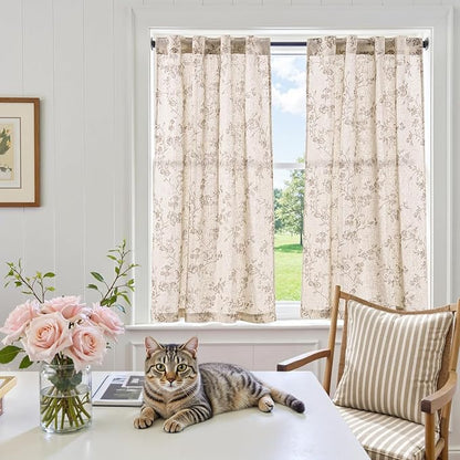 jinchan Floral Kitchen Curtains 45 Inch Linen Tier Curtains Farmhouse Cafe Half - Image 6