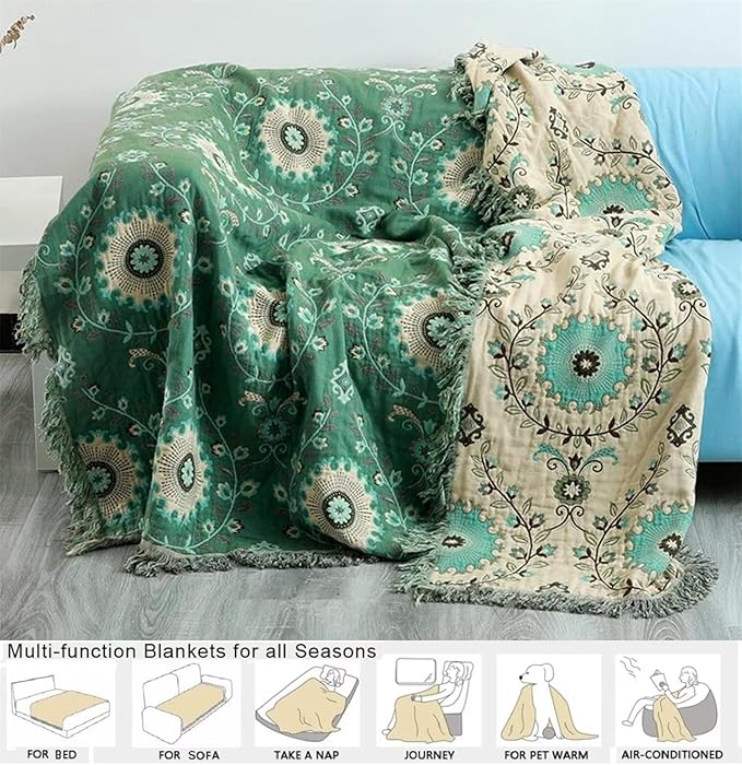 Boho Throw Blanket for Chair Couch Bed 90''x 98'', 100% Cotton Quilt Floral - Image 7