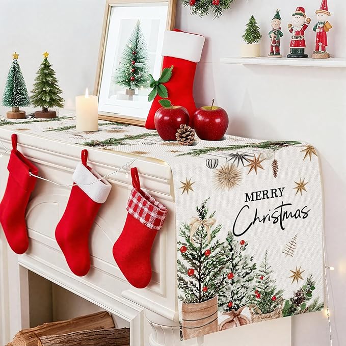 OTOSTAR Xmas Trees Holly Pine Cone Merry Christmas Table Runner, Xmas Seasonal - Image 5