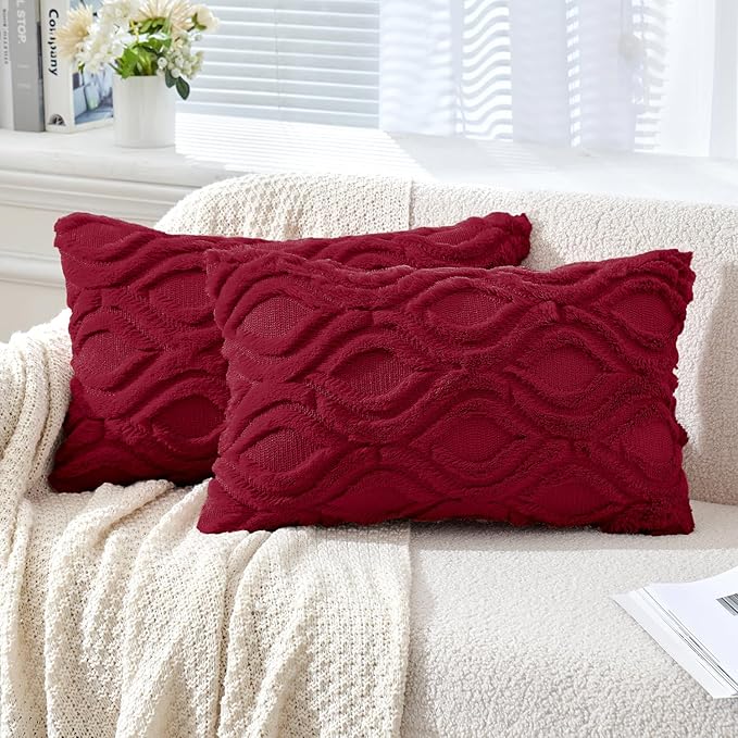 MIULEE Christmas Wine Red Throw Pillow Covers 12x20 Inch, Soft Winter Plush by MIULEE