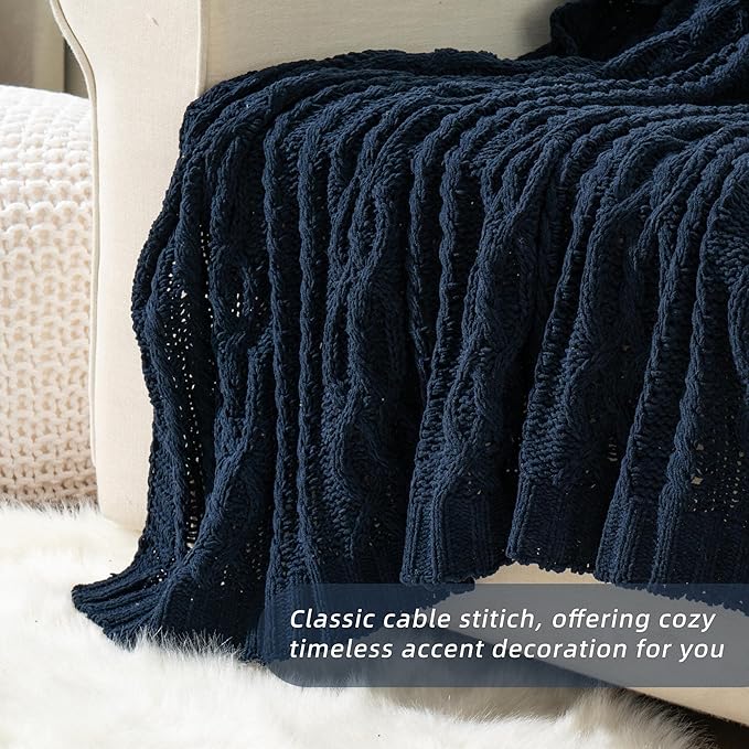 Battilo Navy BlueThrow Blanket for Couch, Chenille Knit Throw Blanket, Super - Image 6