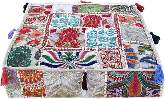 CRAFT KALA Indian Square Patchwork Traditional Pouf Cover Indian Living Room by CRAFTKALA