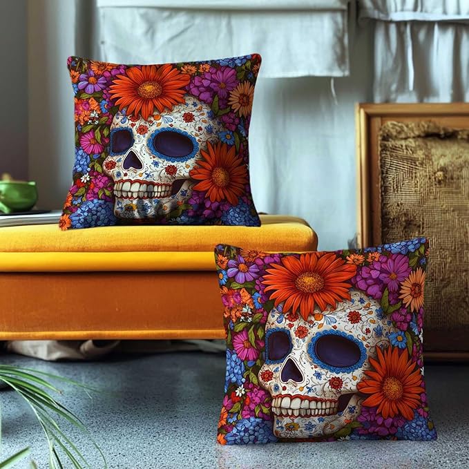 Day of The Dead Skull Throw Pillow Covers 18x18 Set of 2 | Sugar Skull - Image 4
