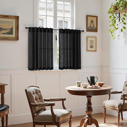 Nanspring Linen Kitchen Curtains 30 Inches Long Black Semi Sheer Short Curtains - Image 6
