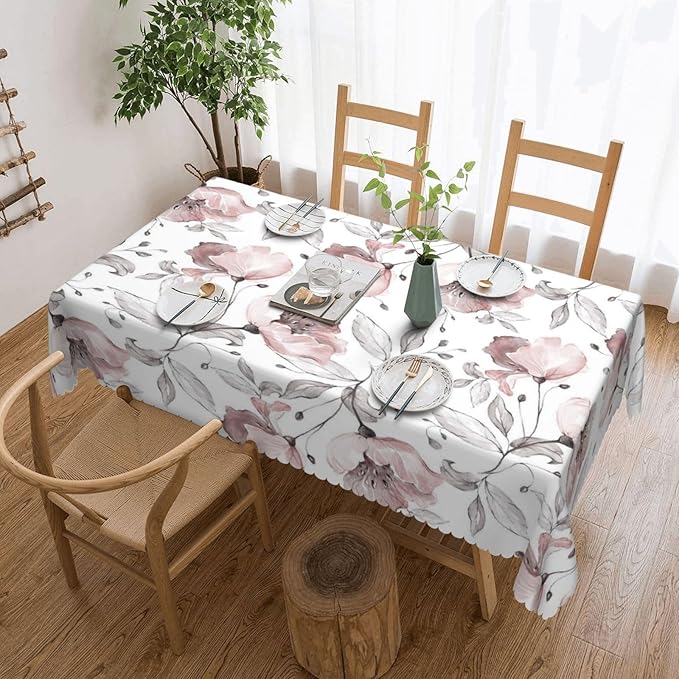 Pink Rose Tablecloth Watercolor Floral Gray Leaf Spring Flowers Leaves Table - Image 5