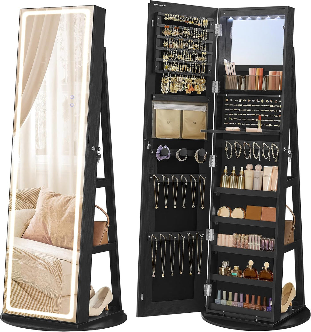 SONGMICS LED Mirror Jewelry Cabinet Standing, Adjustable Lights, Lockable