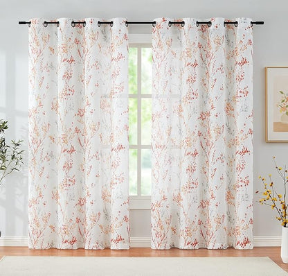 Branch Sheer White Curtains 96inch Long Red Tree Branch Semi Sheer Curtains - Image 2