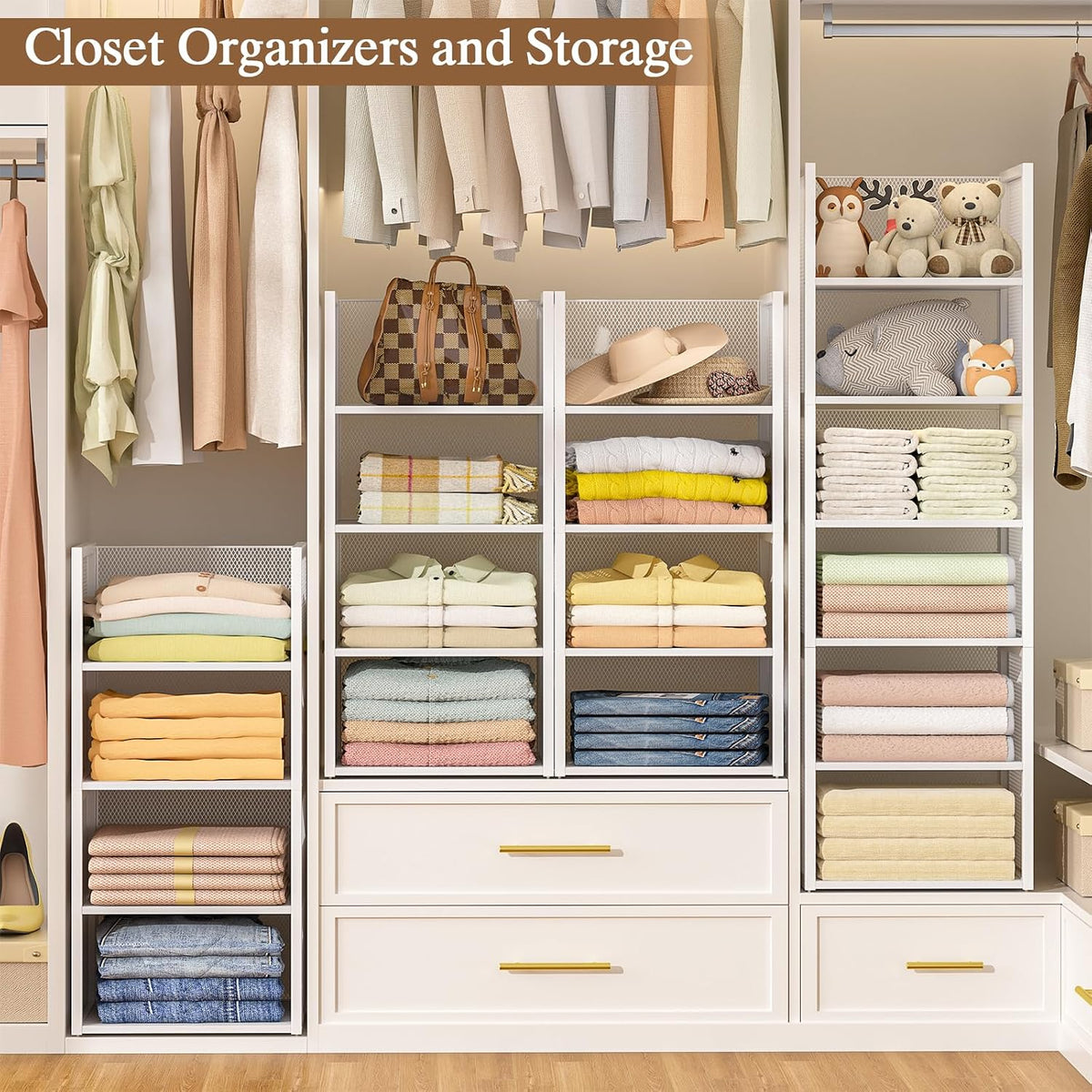 4-tier stackable closet organizers and storage basket, wire, close-up detail