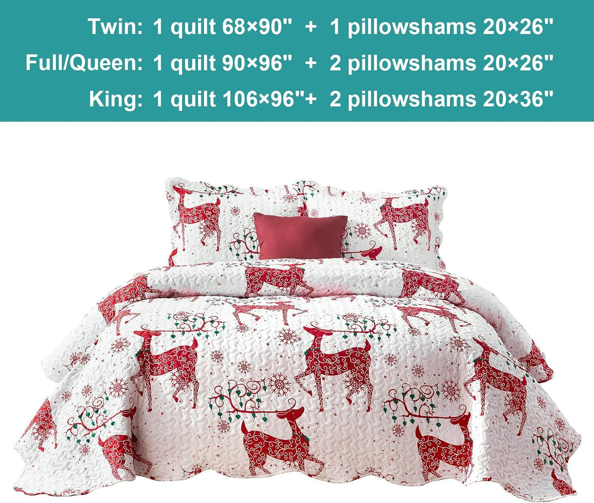 hansleep christmas bedspread king size, red reindeer quilt, front angle view