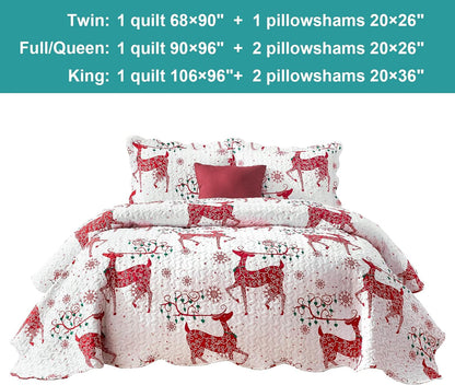 hansleep christmas bedspread king size, red reindeer quilt, front angle view